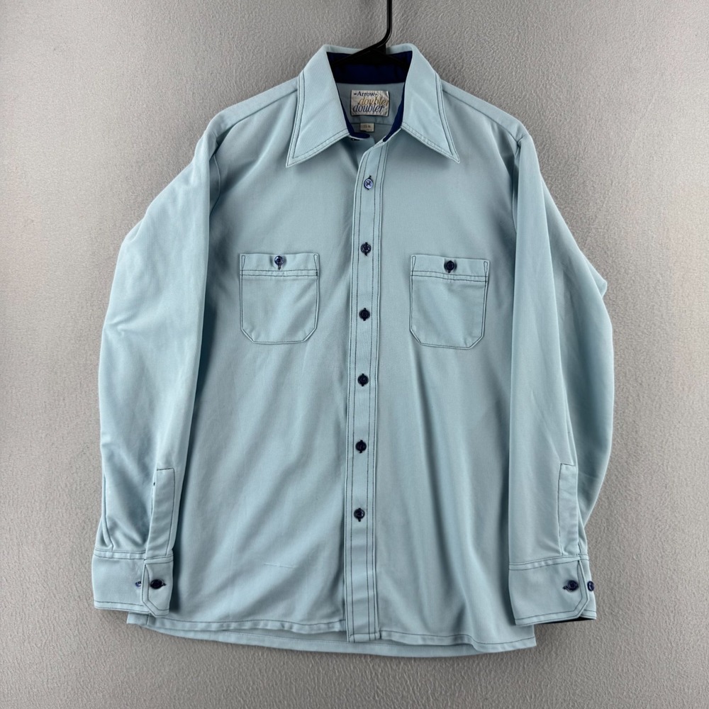 Vintage 70s Arrow Shirt Mens 15.5 Blue Stretch Polyester Disco Big Collar